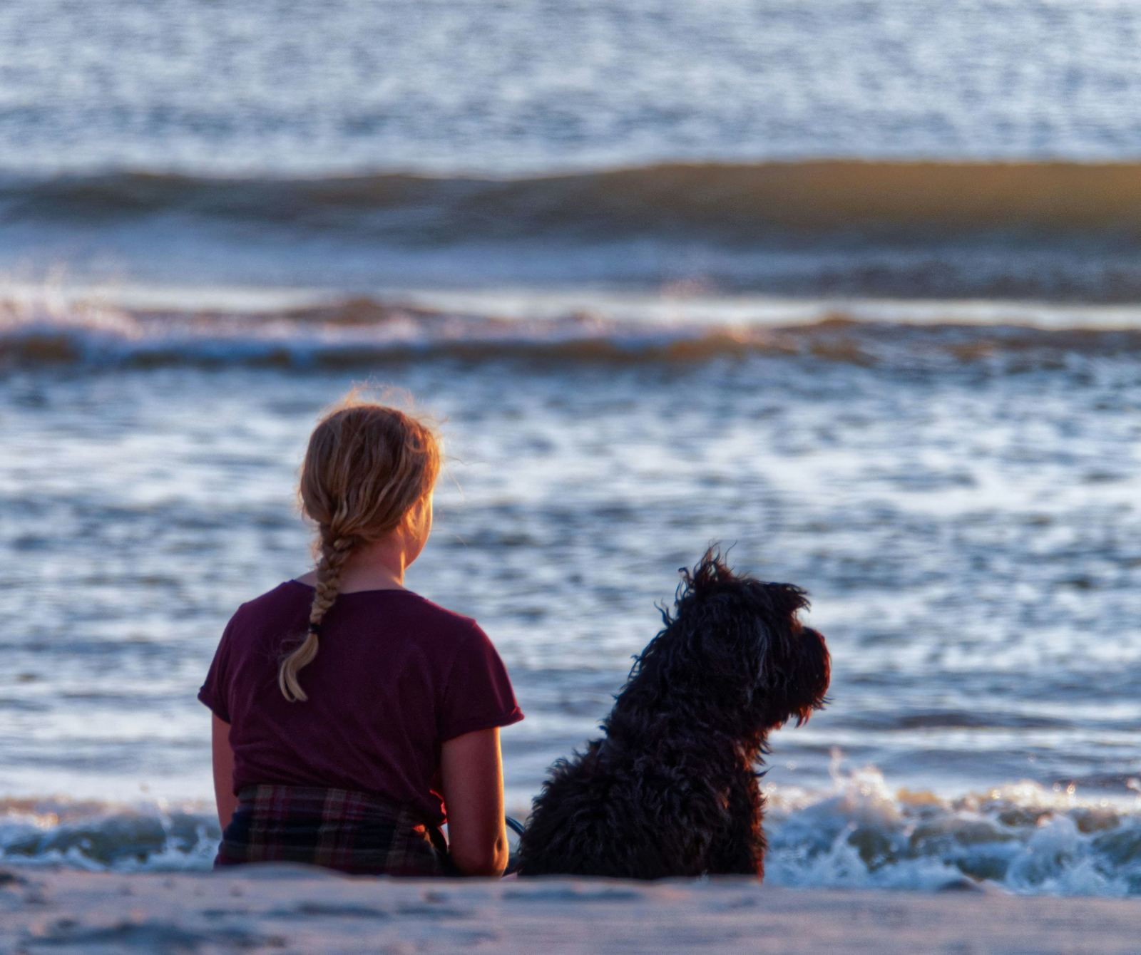 A child and a dog sitting together at the shoreline