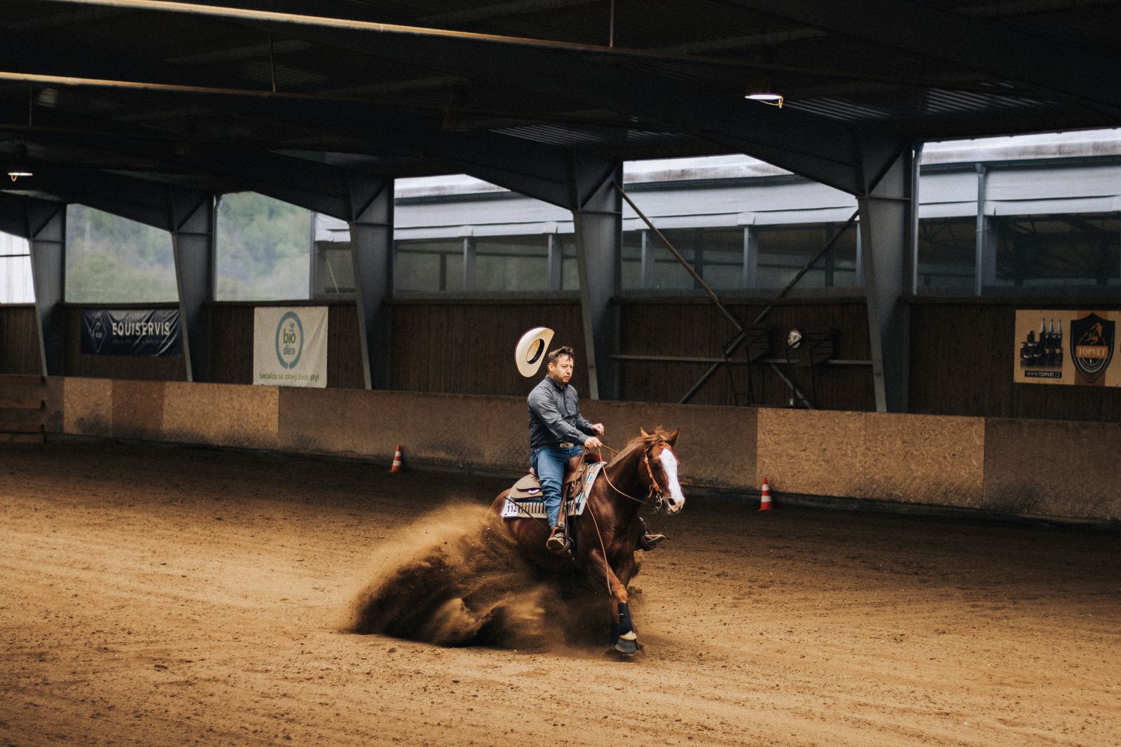 A rider and horse in a competition arena